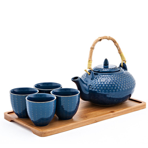Cobalt Hobnail Ceramic Teapot Set with Bamboo Tray