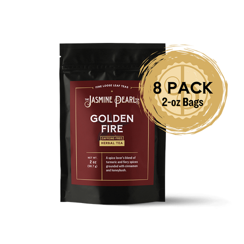2 oz. packaging for Golden Fire loose leaf herbal tea from The Jasmine Pearl Tea Co.