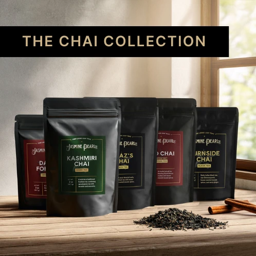 The Chai Tea Collection from The Jasmine Pearl Tea Co. includes five chai tea blends: Burnside Chai, Chaz Chai, Dark Forest, Kashmiri Chai, and Red Chai.