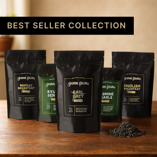 The Best Seller Collection from The Jasmine Pearl Tea Co. includes five of our customer favorite loose leaf teas: Bombay Breakfast, Jasmine Pearls, Earl Grey, English Breakfast, and Kyushu Sencha.
