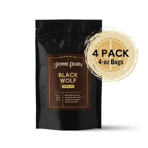 4 oz. packaging for Black Wolf loose leaf puerh tea from The Jasmine Pearl Tea Co.