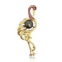 Pink Gemmed  Flamingo and Peacock Black Pearl Brooch