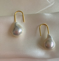 White Baroque Pearl Paperclip Drop Earrings, Yellow Gold