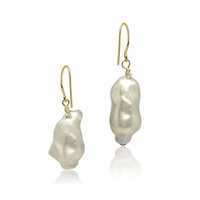 White Baroque Pearl Drop Earrings with Twisted-On Zirconia, Yellow Gold