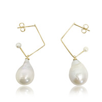 White Baroque Pearl Music Note Drop Earrings, Yellow Gold