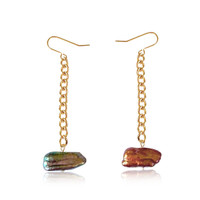 Multi-Coloured Biwa Stick Pearl Gold Chain Drop Earrings