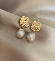 Large Baroque Pearl Textured Gold Earrings 