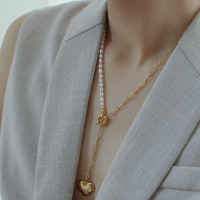 Jenna Pearl and Paperclip link Chain Necklace with Heart Pendant