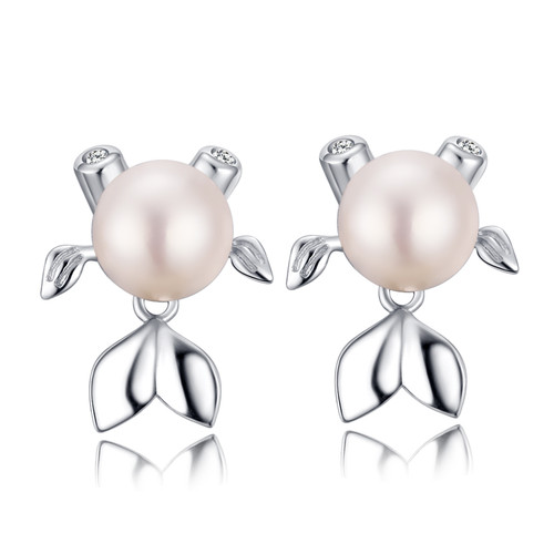 White Pearl Stud Earrings with Moving Fish in Sterling Silver 