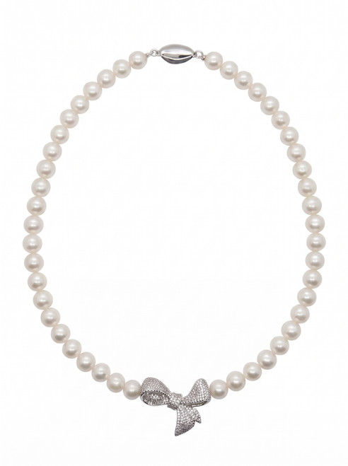 White Pearl Necklace with Pavé Bow Feature