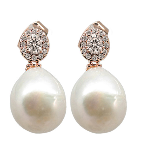 White Baroque Pearl Rose Gold Drop Earrings with Swarovski Crystal 