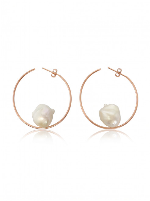 White Baroque Pearl Hoop Earrings, Rose Gold