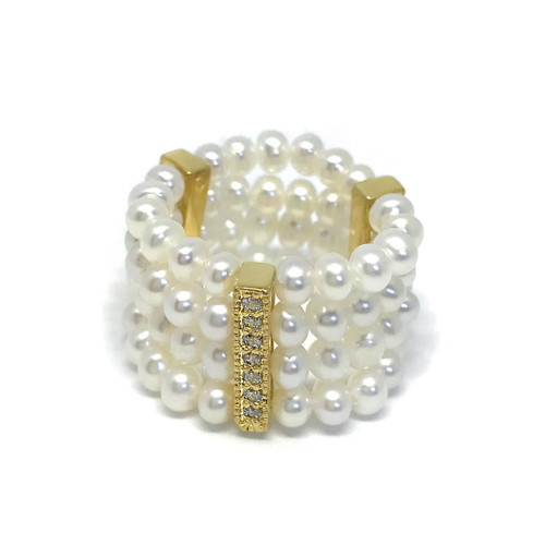 Four-Row Seed Pearls Ring, Yellow Gold