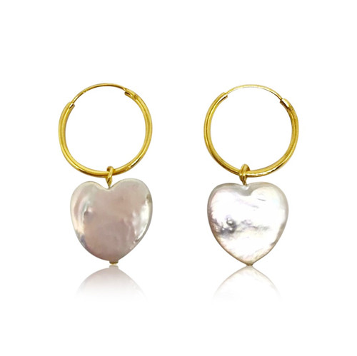 White Heart Shape Pearl Hoop Drop Earrings, Gold Vermeil