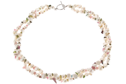 Double Strand White Baroque Pearl and Multicolour Tourmaline Necklace