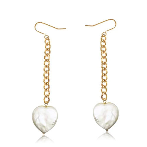 White Heart Shape Pearl Gold Chain Drop Earrings