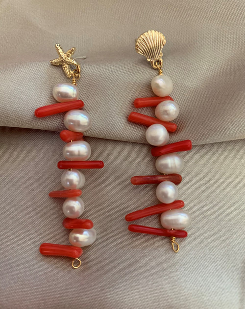 Pearl and Coral Long Drop Earrings 