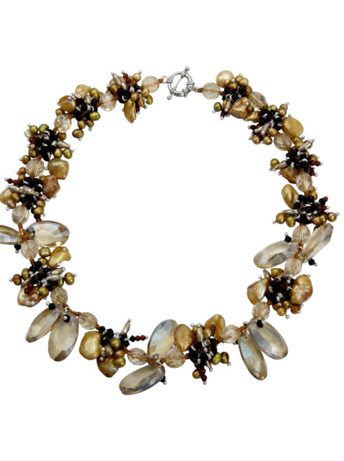 Champagne Gold & Amber Pearl Hand-Woven Silk Cluster Necklace