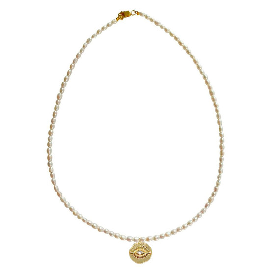 Dainty Pearl Choker Necklace with Devil Eye Pendant
