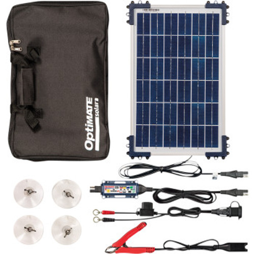 The smart sun-powered charger & maintainer for all 12v batteries – Charger by day, monitor by night
Ideal for all lead-acid & lithium batteries found in powersports equipment
The smart charge controller automatically adjusts charge according to battery type and condition
The controller’s fully automatic multi-step program brings the battery safely to full charge
includes polycrystalline solar panel assembly with aluminum frame, suction for mounting, OptiMate Solar DUO controller, O-04 battery clips, O-01 battery lead, and carry bag
Saves your ‘dead’ battery from as low as 4v
IP54 weather rated