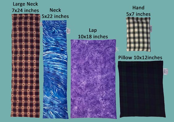 Picture showing all 5 sizes of Our Microwave Corn Heating Pads - Neck Warmer, Lap Warmer (Back Heating Pad), Pillow Warmer, Hand Warmer, and NEW LARGE NECK WARMER