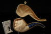 Autograph Series Lion Block Meerschaum Pipe with fitted case BLUE Stem M5112