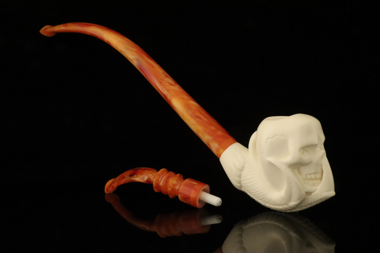srv - Skull in Claw Churchwarden Dual Stem Meerschaum Pipe with case