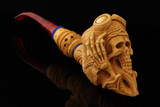 srv - Anxious Pilot Skull Block Meerschaum Pipe Carved by Alpaslan with fitted case 15840