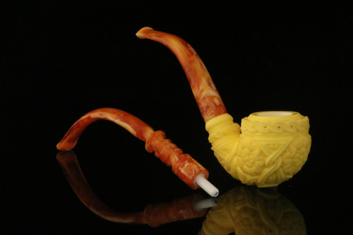 srv - Deluxe Carved Churchwarden Dual Stem Meerschaum Pipe by Kudret with case M4127