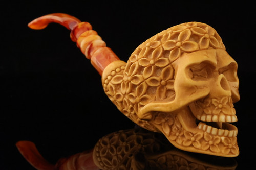 srv - Carved Skull Block Meerschaum Pipe with fitted case 15703