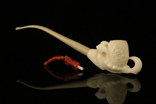 srv - Carved Eagle's Claw Churchwarden Dual Stem Meerschaum Pipe with case M4288