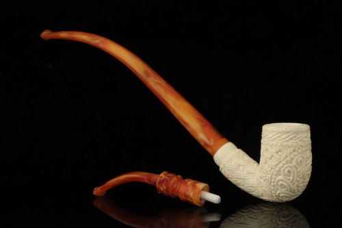 srv - Carved Churchwarden Dual Stem Meerschaum Pipe with case M4659