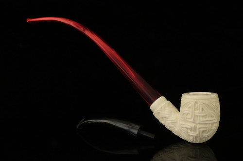 srv Premium - Deluxe Carved Churchwarden Dual Stem Meerschaum Pipe with case M4667