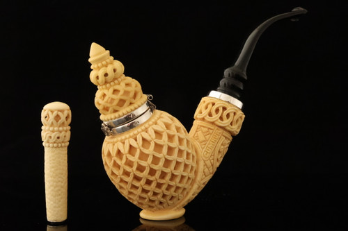 srv Premium - Autograph Series Deluxe Deep Lattice Meerschaum Pipe by Cumhur with case & Tamper 15859