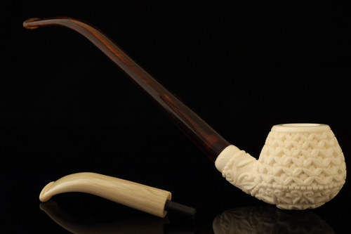 srv Premium - Deep Lattice Churchwarden Dual Stem Meerschaum Pipe with case 15864