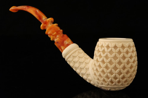 srv - Deep Lattice Meerschaum Pipe Carved by I. Baglan with fitted case 15892