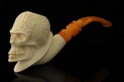 srv - Floral Skull Block Meerschaum Pipe with fitted case M4770
