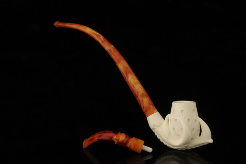 srv - Lattice Eagle's Claw Churchwarden Dual Stem Meerschaum Pipe with case M4795
