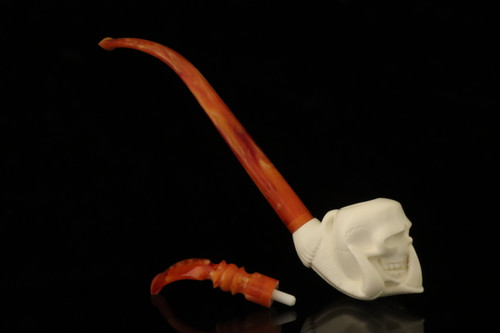 srv - Skull in Claw Churchwarden Dual Stem Meerschaum Pipe with case M4796