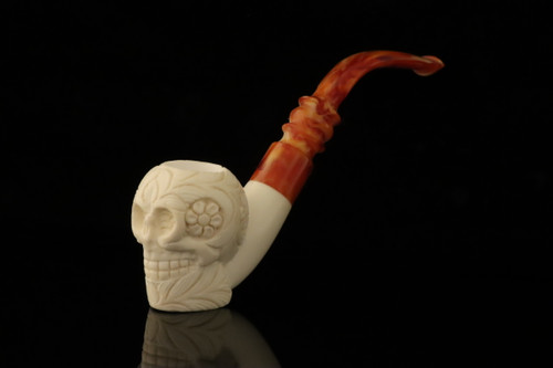 Floral Skull Block Meerschaum Pipe with pouch M4802