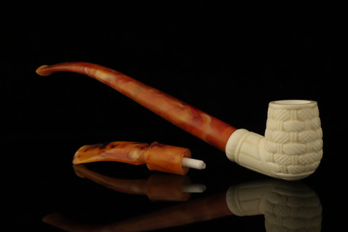 srv - Autograph Series Basket Churchwarden Dual Stem Meerschaum Pipe with case M5121