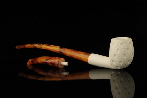 srv - Lattice Bent Billiard Churchwarden Dual Stem Meerschaum Pipe with case M5122