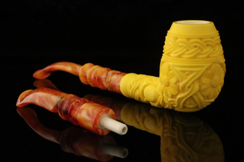 srv -Carved Billiard Churchwarden Dual Stem Meerschaum Pipe by Kudret with case M5124