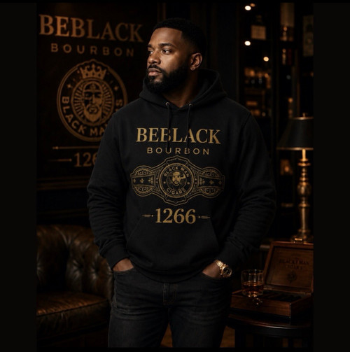 BEBLACK 1266 x Black Man Cigars Signature Hoodie featuring bourbon-inspired graphics and the Black Man Cigars cigar band.