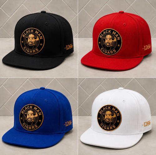 Black Label Signature Snapback hat featuring the Black Man Cigars logo and adjustable snapback closure.