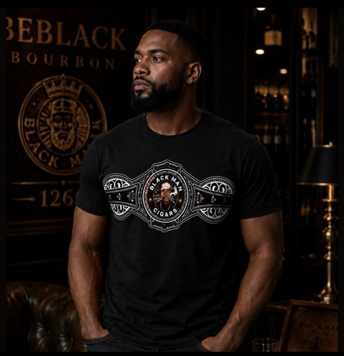 Black Man Cigars Iconic Band Collector’s Tee featuring the signature Black Man Cigars cigar band design.