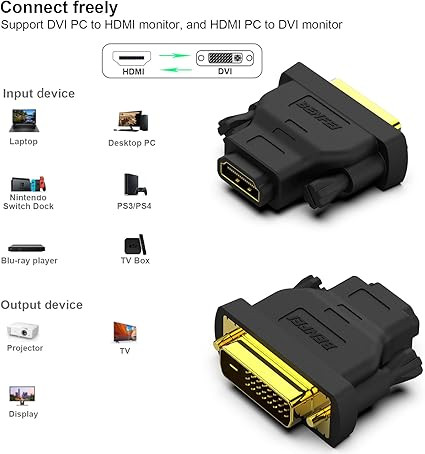 BENFEI DVI to HDMI adapter, Bidirectional DVI (DVI-D) to HDMI Male to Female Adapter Gold-Plated
