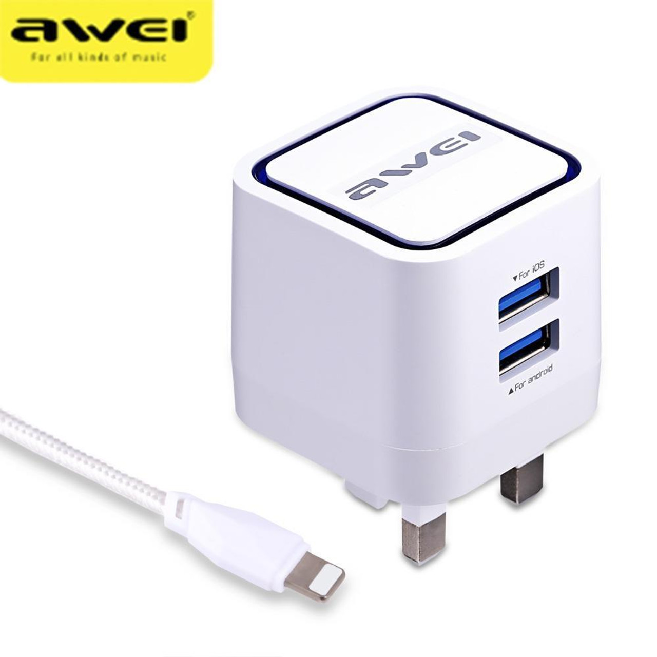 Awei C 950 2 USB 5V Travel Charger UK Plug with 8 Pin Cord