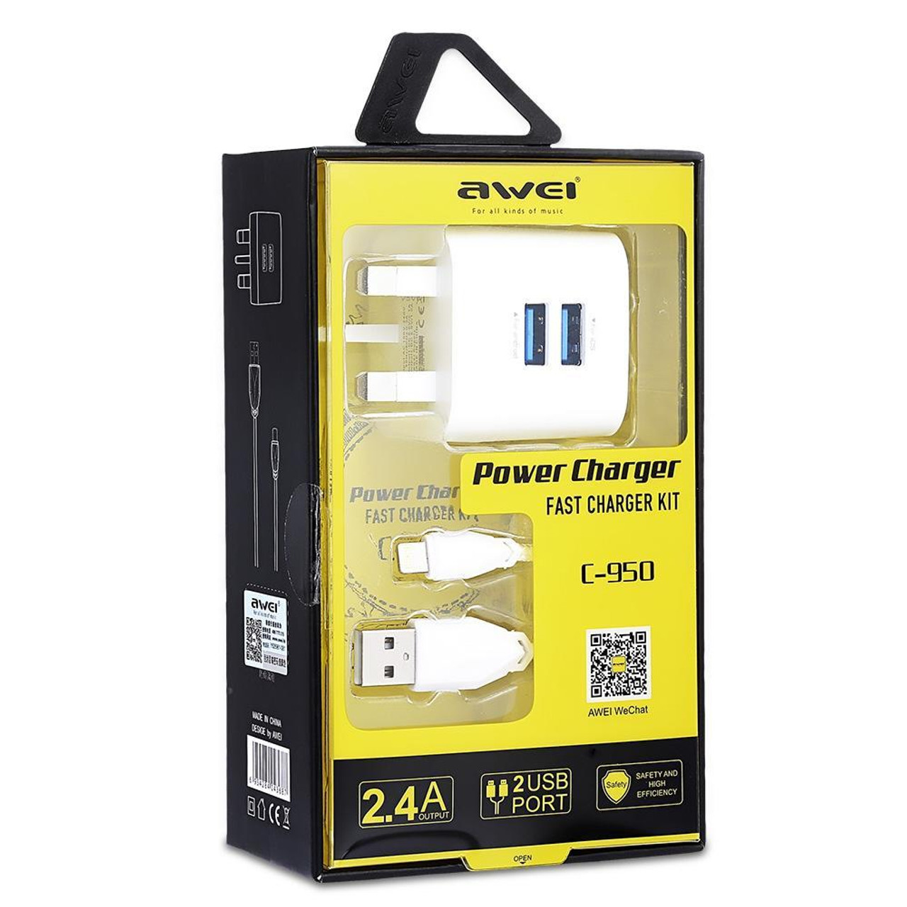 Awei C 950 2 USB 5V Travel Charger UK Plug with 8 Pin Cord FAST