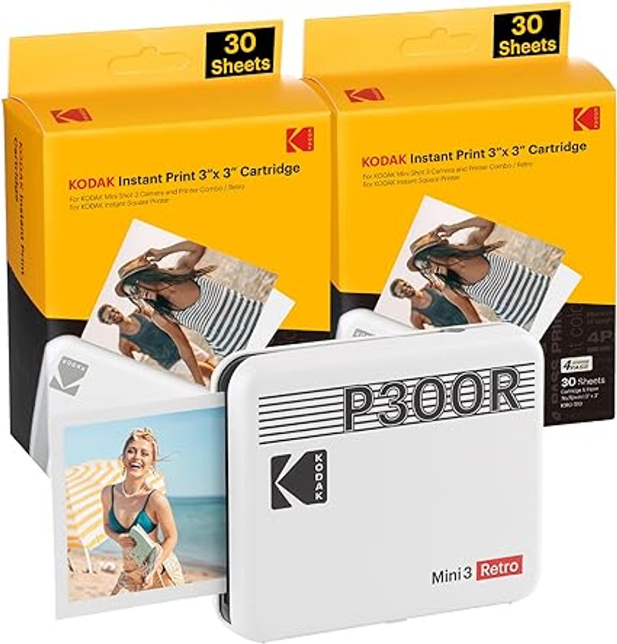 KODAK Mini 3 Retro P300R 4PASS Portable Photo Printer (3x3 inches)  Bluetooth + 68 Sheets, White